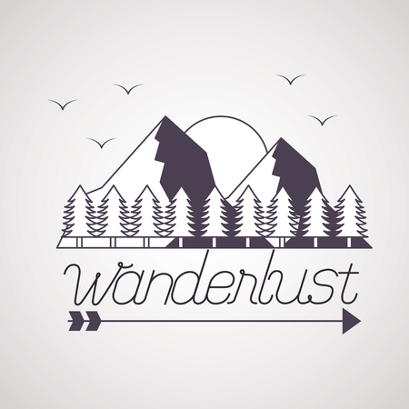 sun birds mountains pine trees wanderlust vector illustrationのイラスト素材