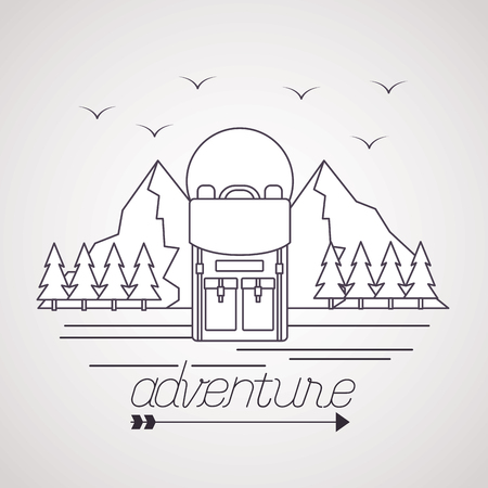 wanderlust adventure bag mountains birds pine trees vector illustrationのイラスト素材