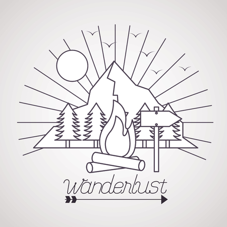 wanderlust sun pine trees mountains wood fire vector illustrationのイラスト素材
