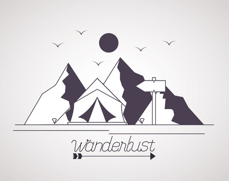 wanderlust landscape sun birds moutanins tent vector illustrationのイラスト素材