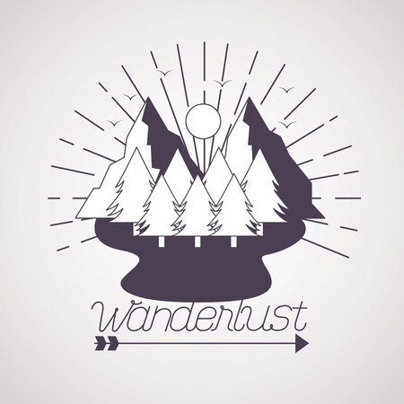 grunge style sun mountains and pine trees wanderlust vector illustrationのイラスト素材