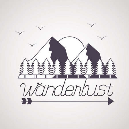 sun birds mountains pine trees wanderlust vector illustrationのイラスト素材