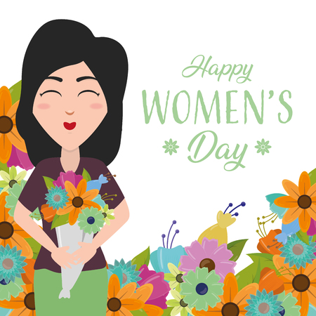 happy woman holding bouquet of flowers background celebrate vector illustrationのイラスト素材