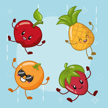 kawaii orange strawberrry apple pineapple fruits vector illustrationのイラスト素材