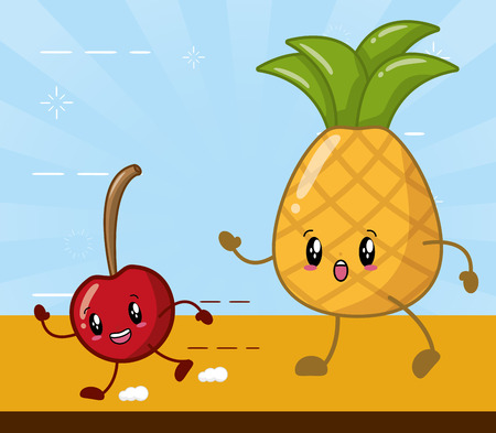 kawaii pineapple and cherry cartoon fruits vector illustrationのイラスト素材
