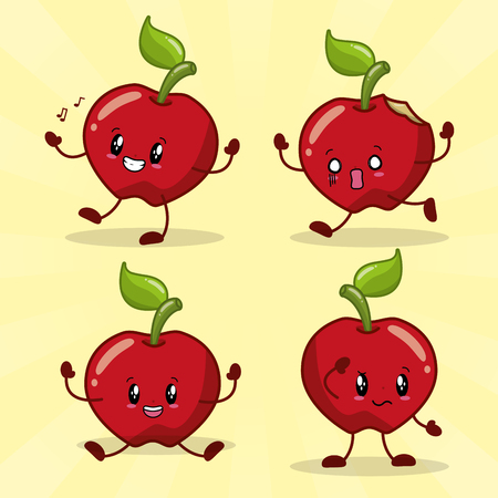 set cute kawaii apples fruits emotions vector illustrationのイラスト素材