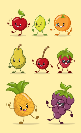 set cute kawaii fruits emotions vector illustrationのイラスト素材