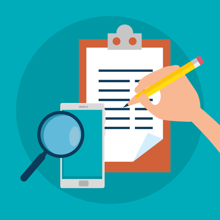 business check list and smartphone with magnifying glass vector illustrationのイラスト素材