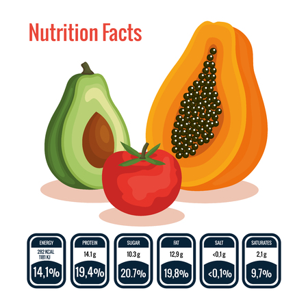 group of fruits and vegetables with nutrition facts vector illustration designのイラスト素材