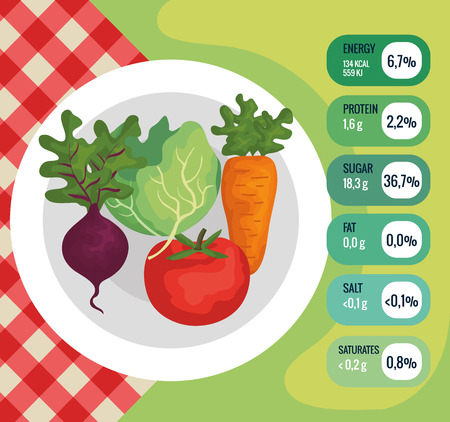 group of fruits and vegetables with nutrition facts vector illustration designのイラスト素材