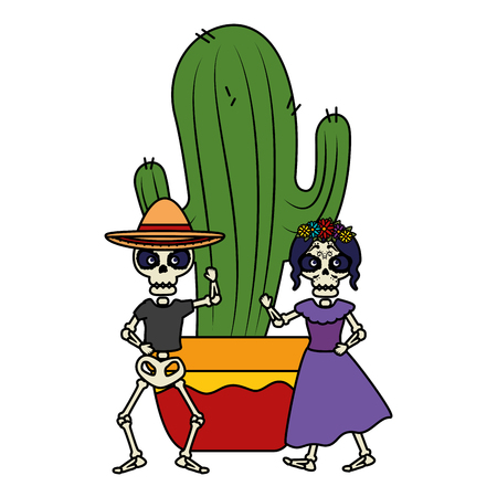 skeleton of katrina and mariachi with cactus vector illustration designのイラスト素材