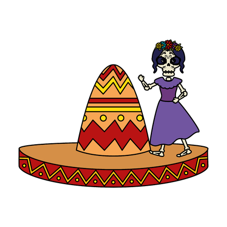 skeleton of katrina with mexican hat character vector illustration designのイラスト素材