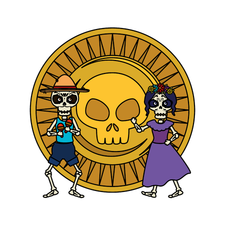 skeleton of katrina and mariachi with skull coin vector illustration designのイラスト素材