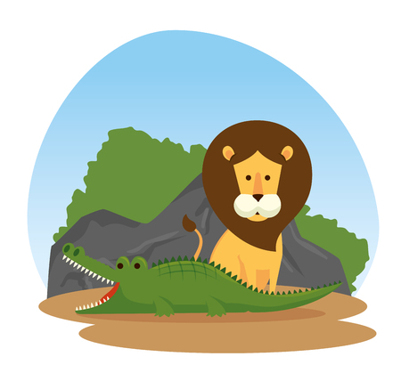 lion and crocodile wild animals reserve vector illustrationのイラスト素材