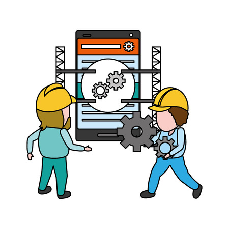workers construction mobile app development vector illustrationのイラスト素材