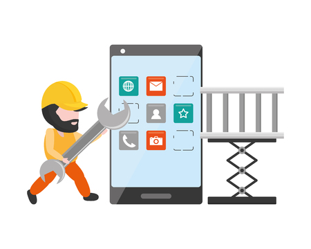 worker with spanner mobile app development vector illustrationのイラスト素材