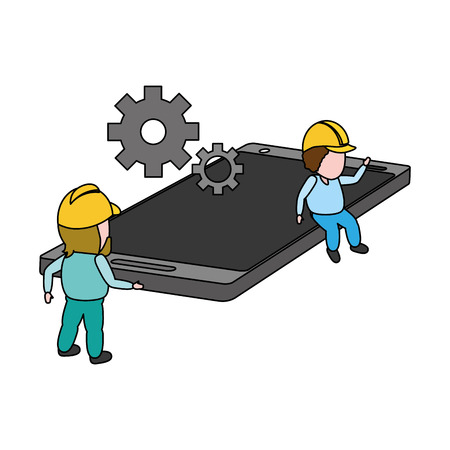 workers with gears smartphone mobile app development vector illustrationのイラスト素材