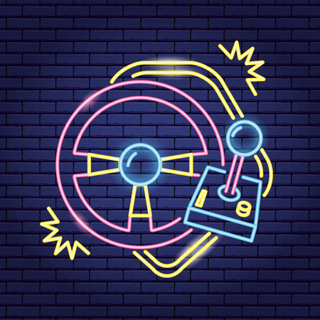 video game neon joystick steering wheel vector illustrationのイラスト素材