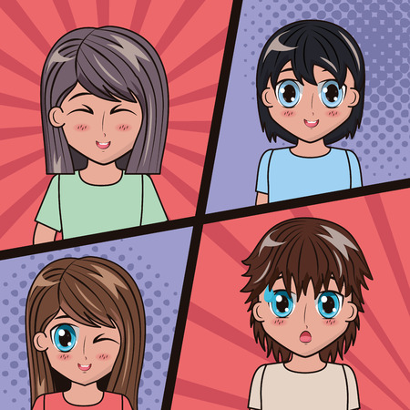 girls and boys comic page face anime vector illustrationのイラスト素材