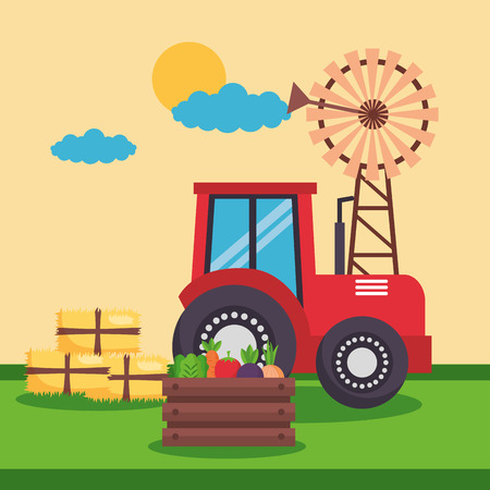 windmill tractor bales of hay and vegetables farm fresh vector illustrationのイラスト素材