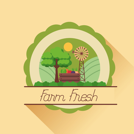 farm fresh cartoon vegetables tree and windmill vector illustrationのイラスト素材