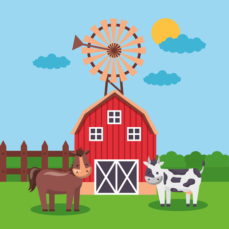 horse cow windmill and barn farm fresh cartoon vector illustrationのイラスト素材
