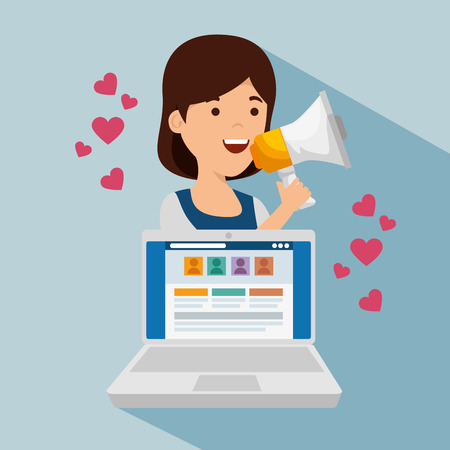 girl with megaphone and social profile with hearts vector illustrationのイラスト素材