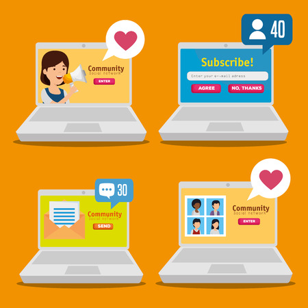 set laptop with social profile to communication message vector illustrationのイラスト素材