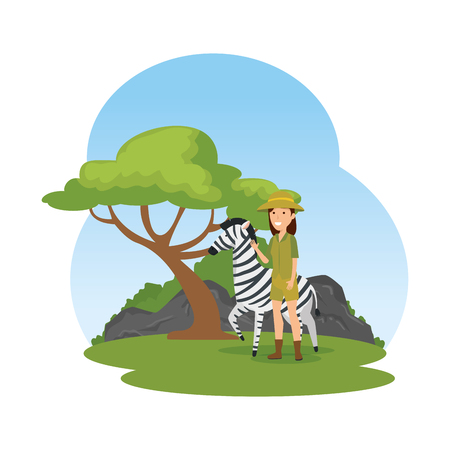 woman worker of zoo with zebra in the camp vector illustration designのイラスト素材