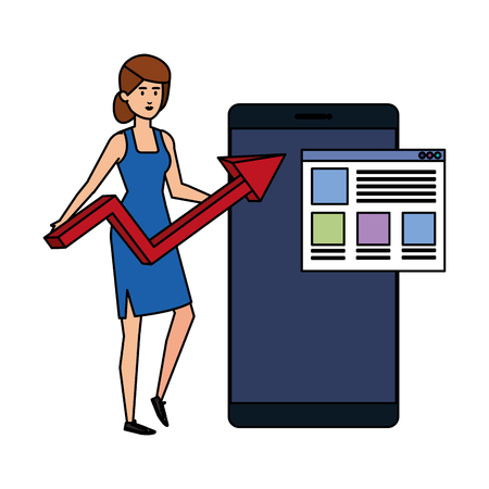 young woman with smartphone and statistics arrows vector illustration designのイラスト素材