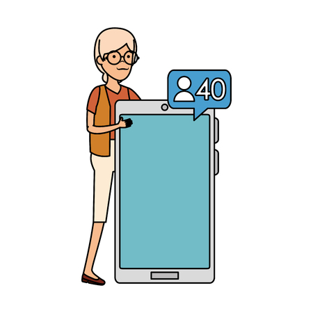 old woman with smartphone and speech bubble vector illustration designのイラスト素材