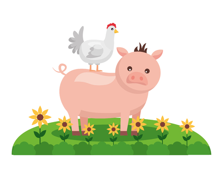 pig hen flowers garden farm fresh vector illustrationのイラスト素材