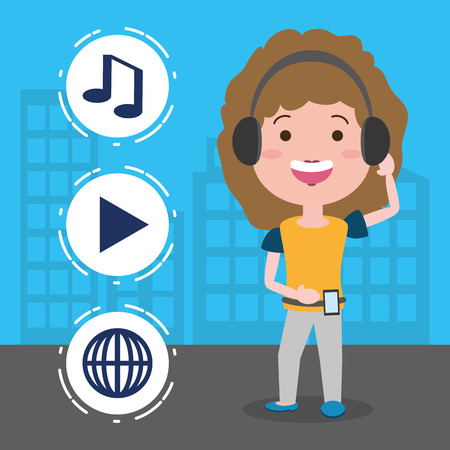 young woman using heaphones and cellphone tech device vector illustrationのイラスト素材