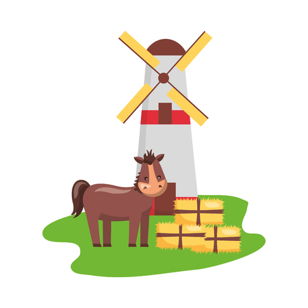 horse windmill and bales of hay farm vector illustrationのイラスト素材