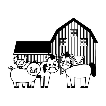 horse cow pig hen barn animals farm vector illustrationのイラスト素材