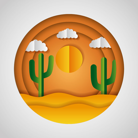 desert cactus sun clouds paper origami landscape vector illustrationのイラスト素材