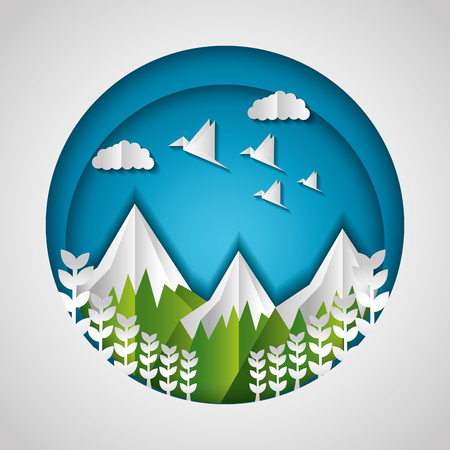 snowy mountains birds flowers paper origami landscape vector illustrationのイラスト素材