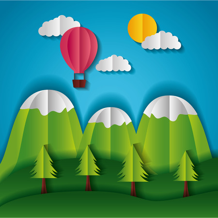 mountains trees and hot air balloon paper origami landscape vector illustrationのイラスト素材