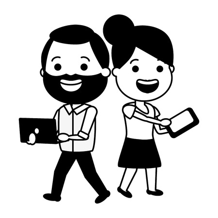 happy couple with laptop and mobile tech device vector illustration black and whiteのイラスト素材