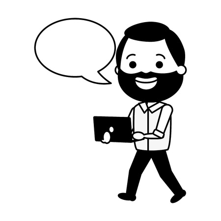 bearded man using laptop tech speech bubble vector illustration black and whiteのイラスト素材