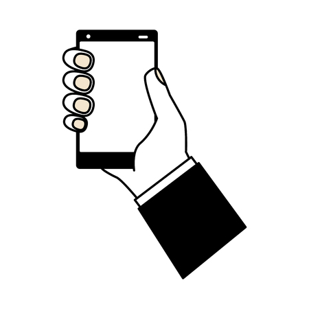 hand holding cellphone white background vector illustration black and whiteのイラスト素材