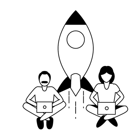 man and woman using laptops mobile startup tech vector illustrationのイラスト素材