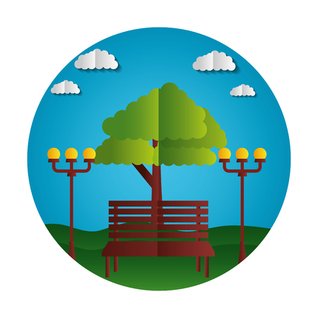 park bench lamps trees paper origami landscape vector illustrationのイラスト素材