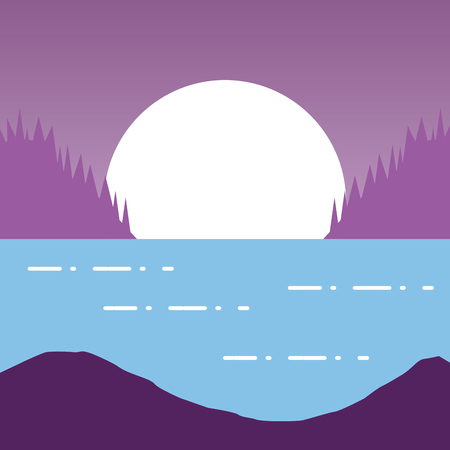 mountains moon trees forest lake wanderlust landscape vector illustrationのイラスト素材