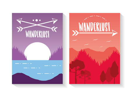 forest lake mountains wanderlust landscape poster vector illustrationのイラスト素材
