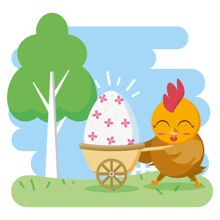 hen with egg in stroller happy easter card vector illustrationのイラスト素材