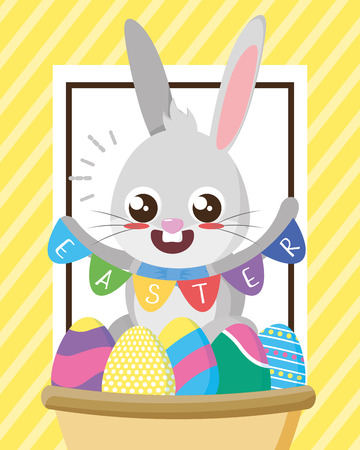 rabbit with garland and eggs happy easter card vector illustrationのイラスト素材
