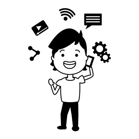 young boy using cellphone tech device vector illustrationのイラスト素材