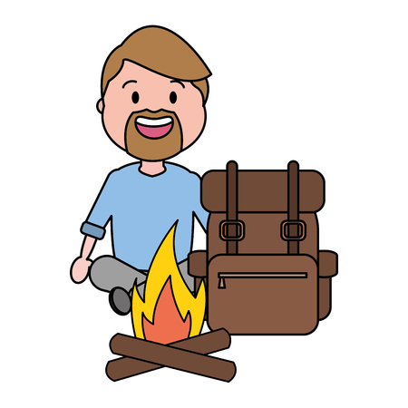 man tourist travel bag bonfire vector illustrationのイラスト素材