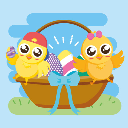 cute couple chicks basket eggs happy easter vector illustrationのイラスト素材